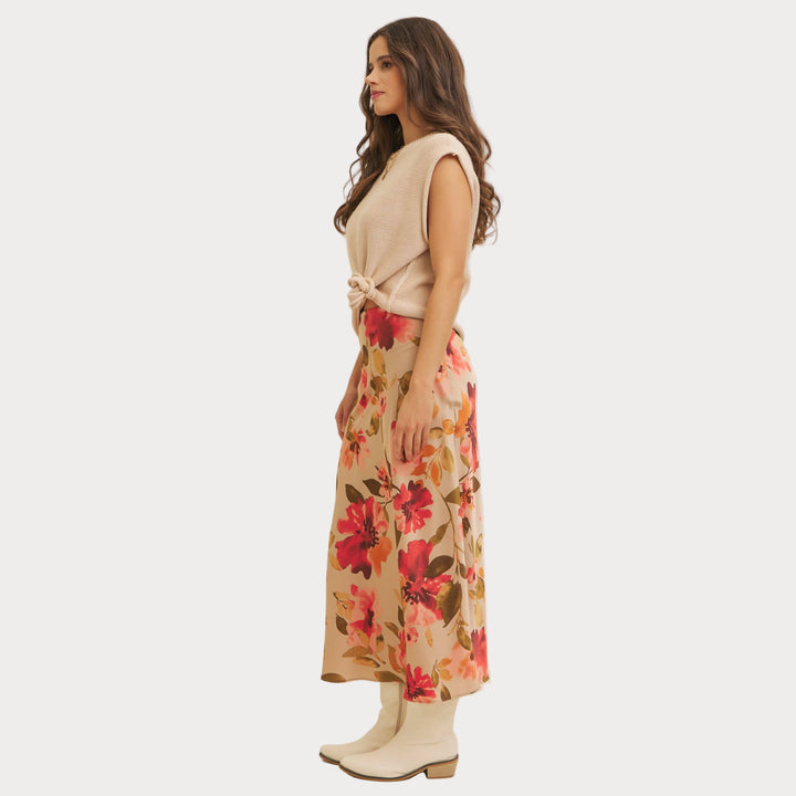 Floral Satin Bias Cut Maxi Skirt | Pink & Red Slip Skirt
