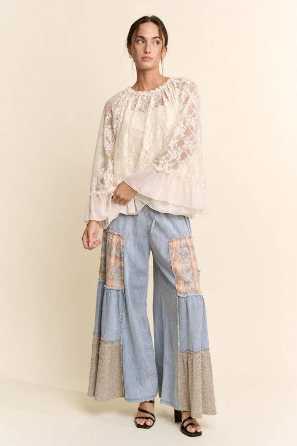 Sheer Lace Bell Sleeve Blouse