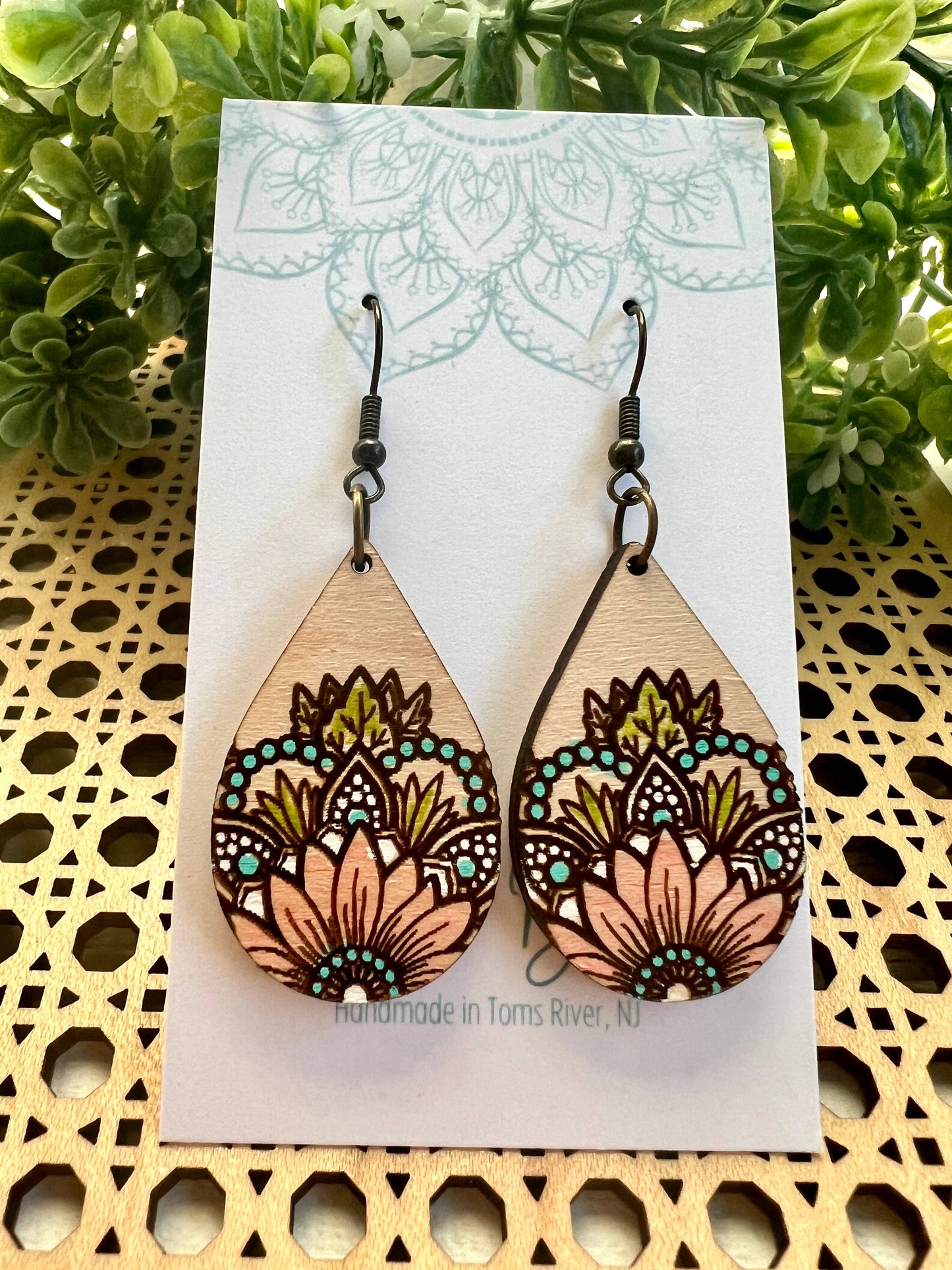 Wooden Earrings - Sunflower Mandala - Blush Pink