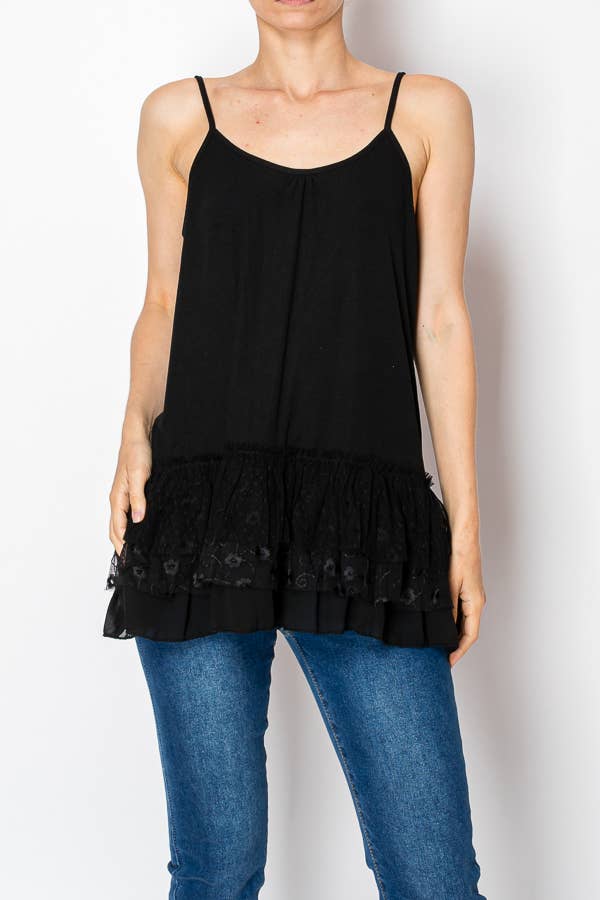 Adjustable Relaxed Cami Tank With Layered Ruffled Trim - T14 BK