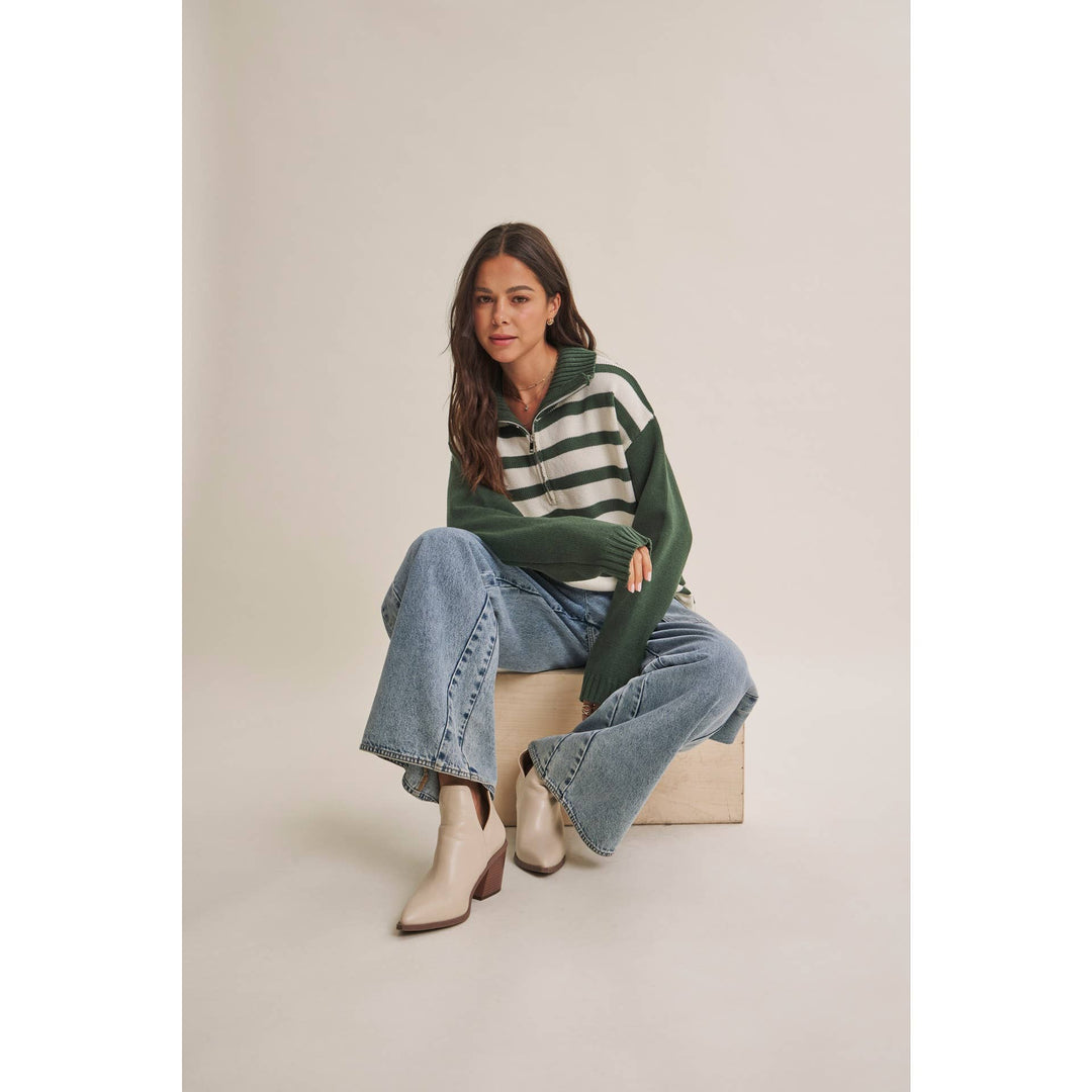 EVERGREEN DAYS CLASSIC HALF ZIP STRIPE PULLOVER SWEATER