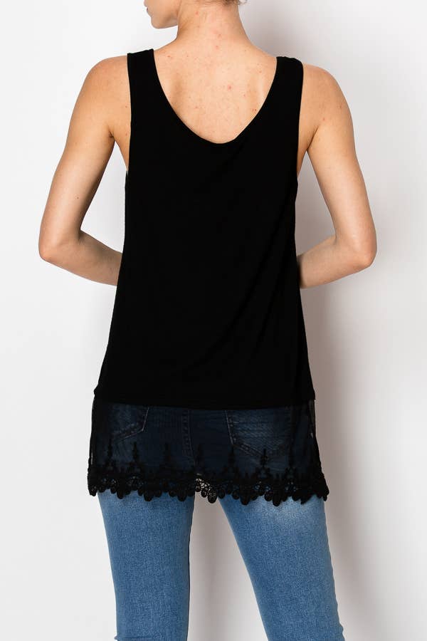 Soft Relaxed Tank With Delicate Floral Laced Hem - T08BK