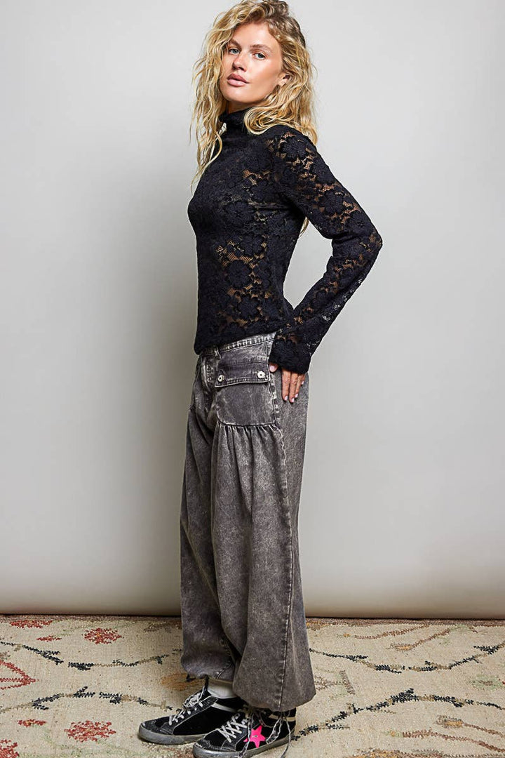 Floral Buttons Shirred Twill Wide Leg Jogger Pants