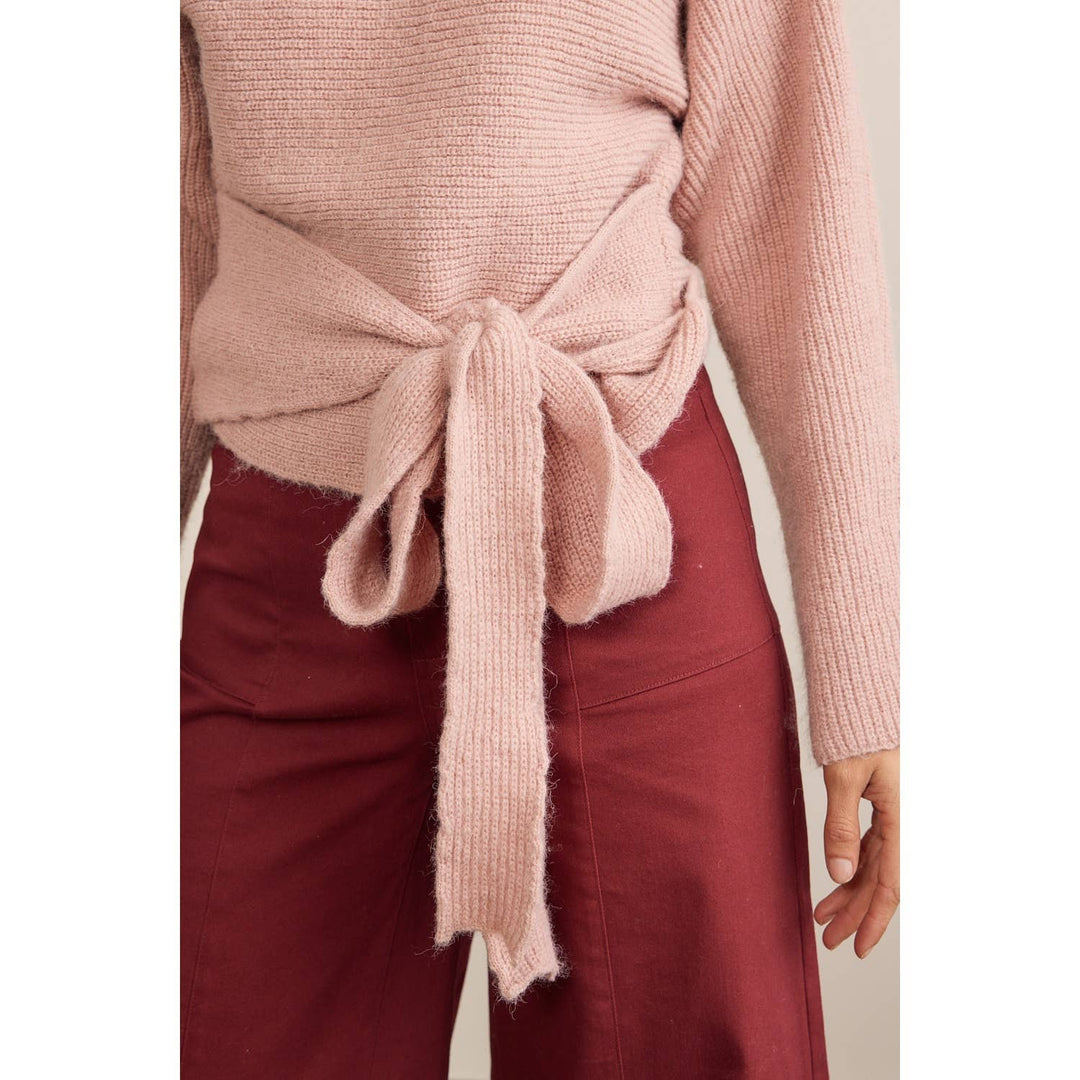 Blush Pink Tie-Front Sweater | Cozy Crewneck Knit Sweater
