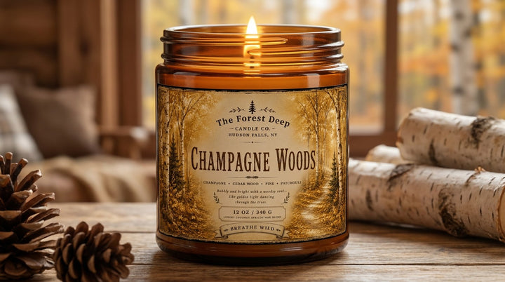The Forest Deep Champagne Woods 12 oz candle burning in an autumn woodland setting with birch logs and pinecones