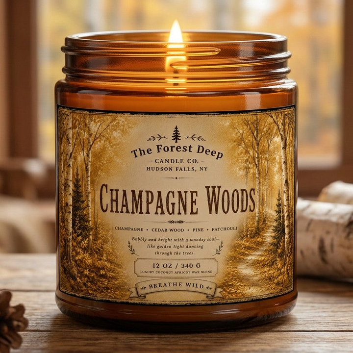 The Forest Deep Champagne Woods 12 oz candle burning in an autumn woodland setting with birch logs and pinecones