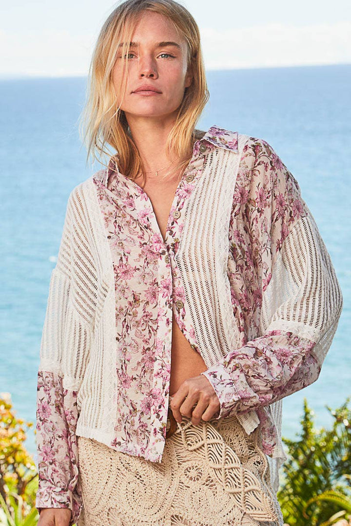 Vintage Olive Floral Button-Up Top with Cream Mesh Panel Accents