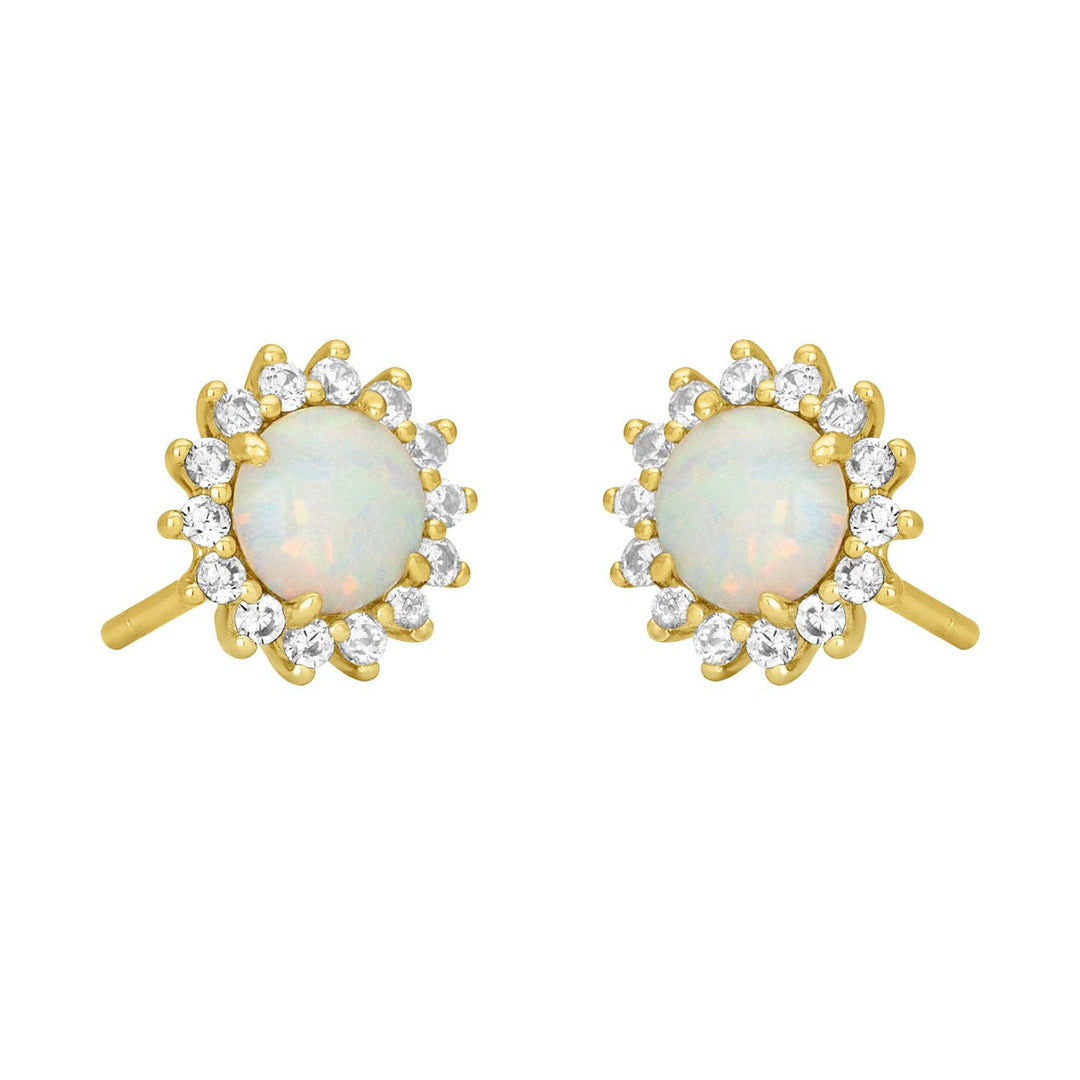 gold opal stud earrings with cubic zirconia halo detail
