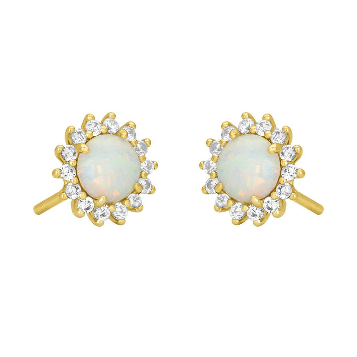 gold opal stud earrings with cubic zirconia halo detail
