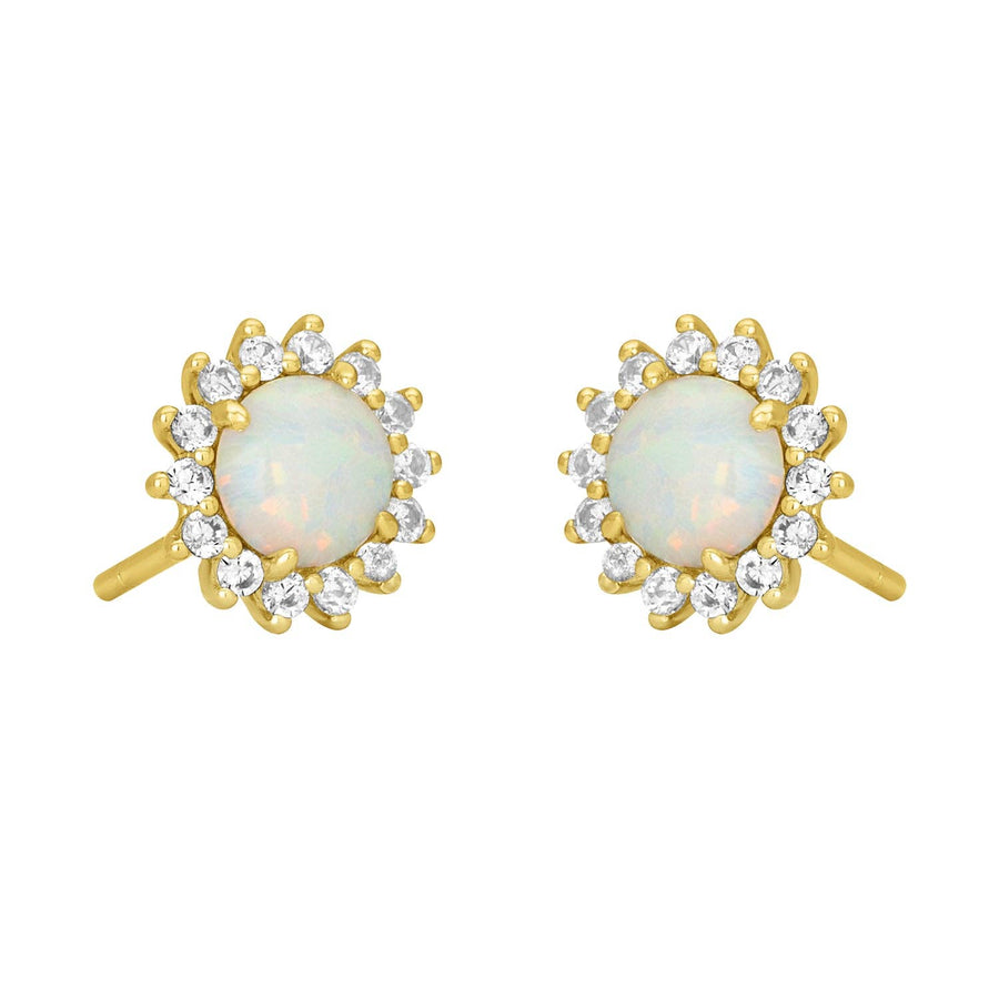 gold opal stud earrings with cubic zirconia halo detail