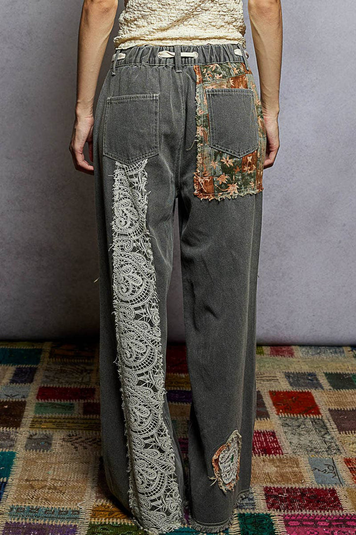 Drawstring Floral Patch Denim Pants – Effortless Boho Denim