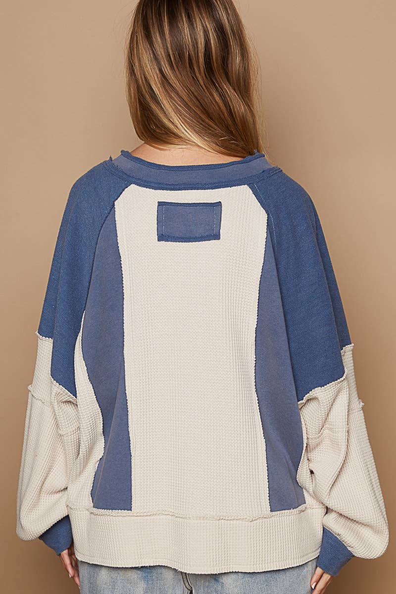 Notched neck contrast fabric basic long sleeve top