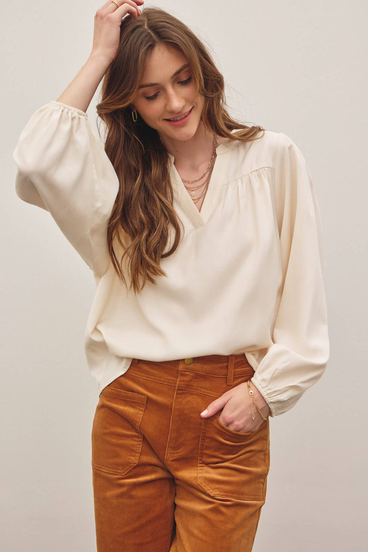 Split Neck Balloon Sleeve Blouse
