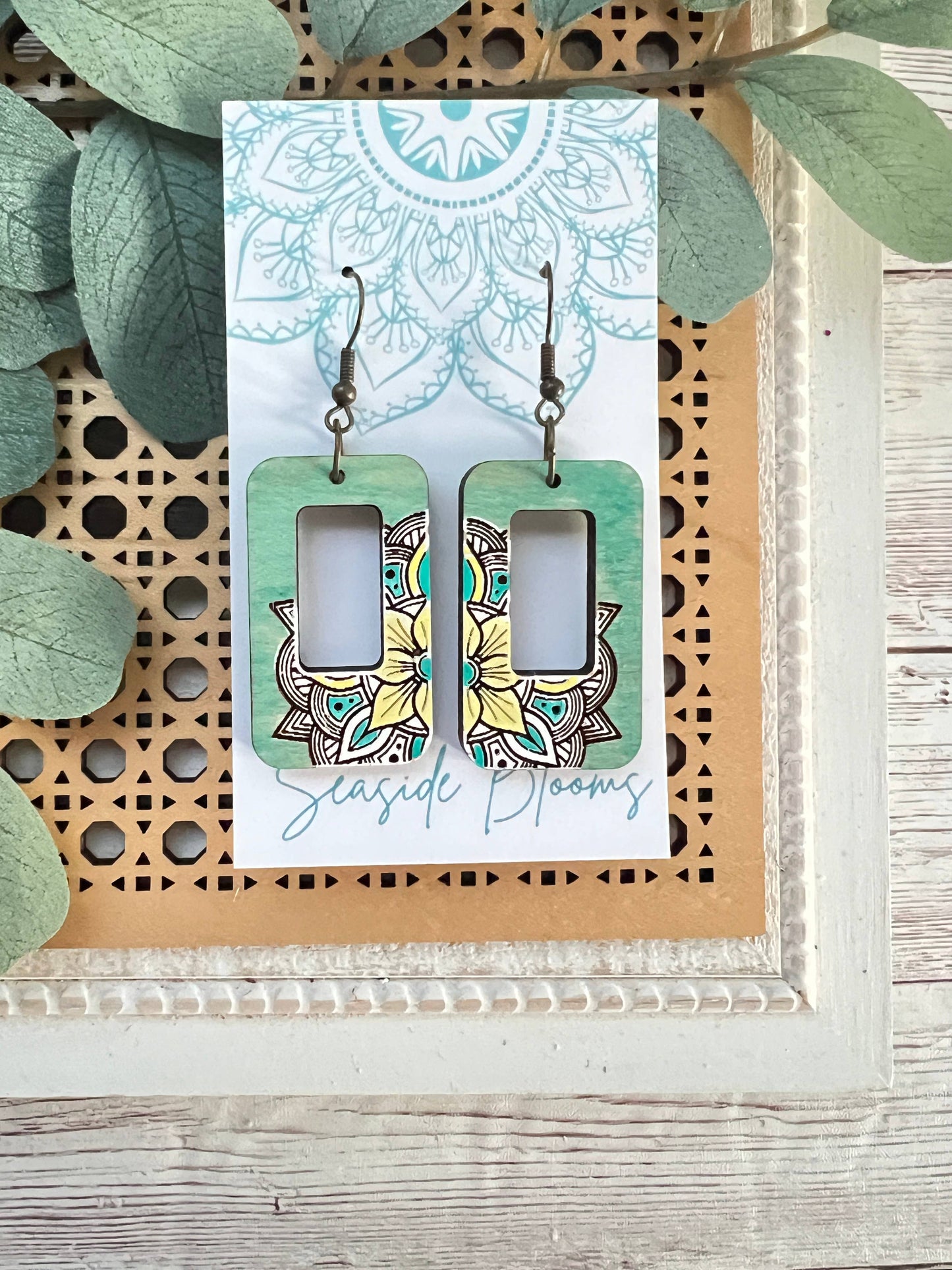 Wooden Earrings - Rectangle Aqua & Yellow Mandala