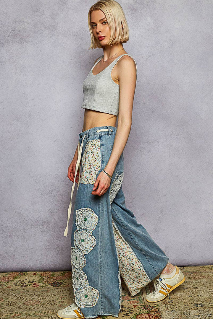 Drawstring Floral Patch Denim Pants – Effortless Boho Denim