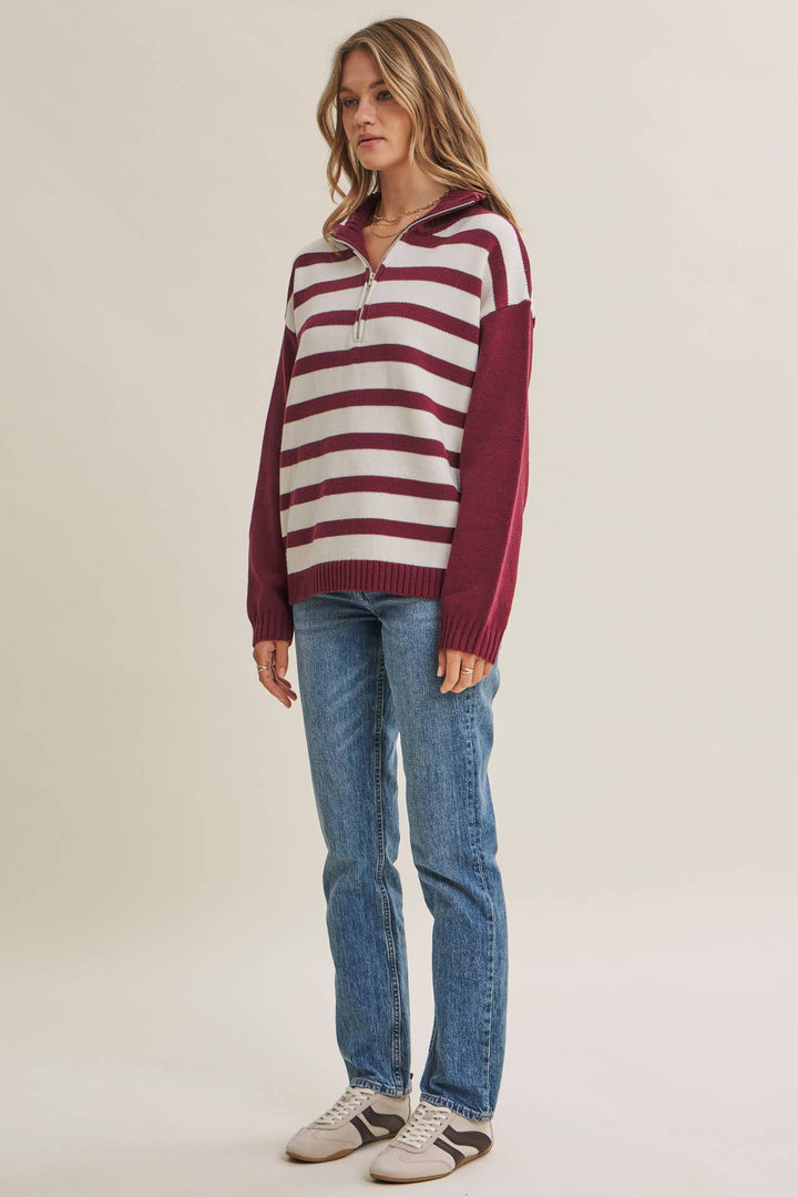 EVERGREEN DAYS CLASSIC HALF ZIP STRIPE PULLOVER SWEATER