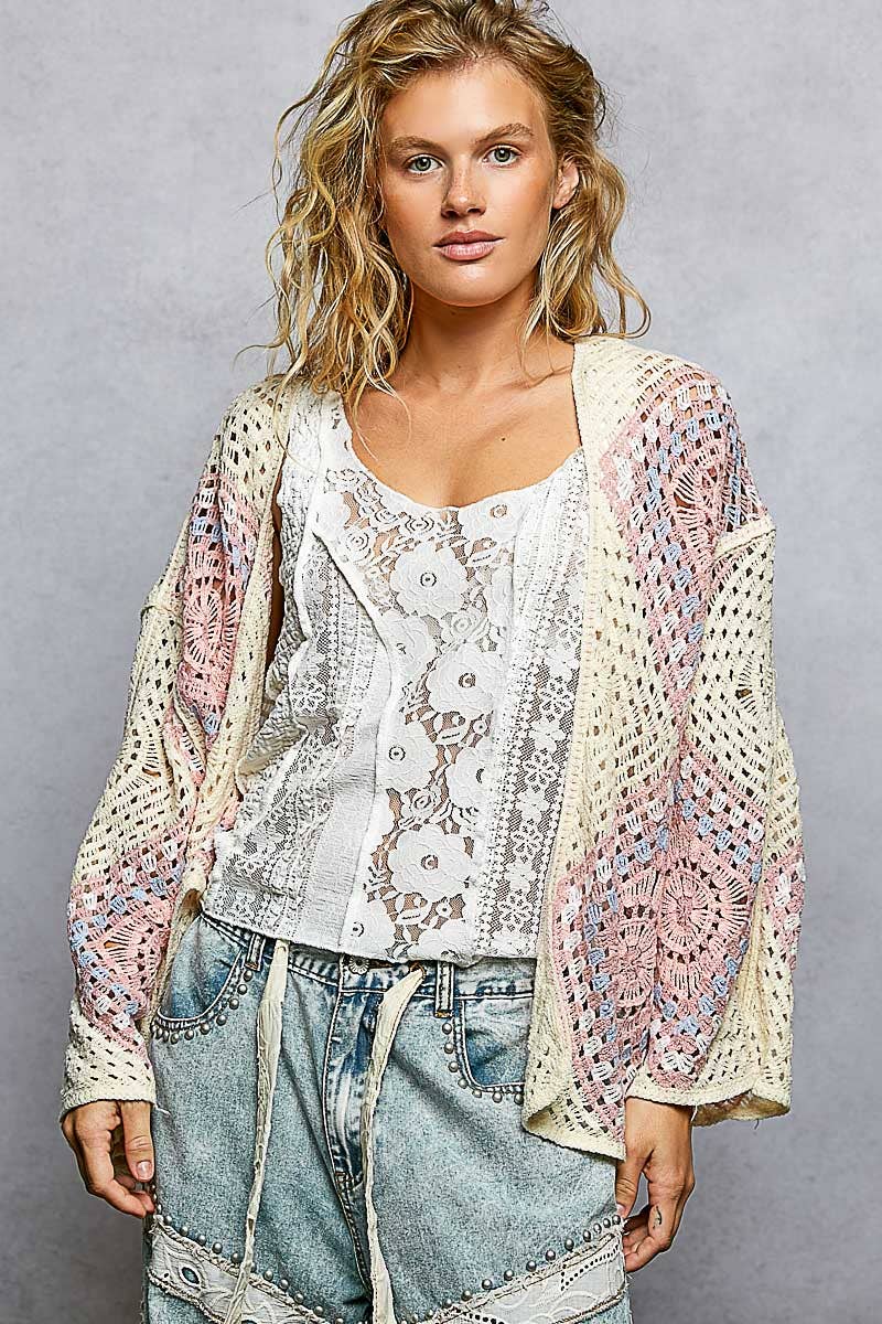 Crochet granny square cardigan with open front and relaxed fit