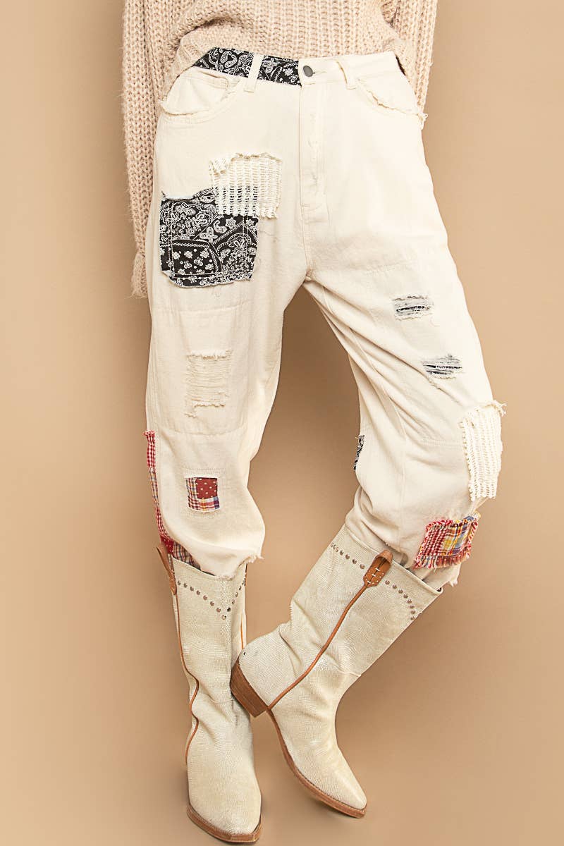 Patch work detail ankle length denim pants