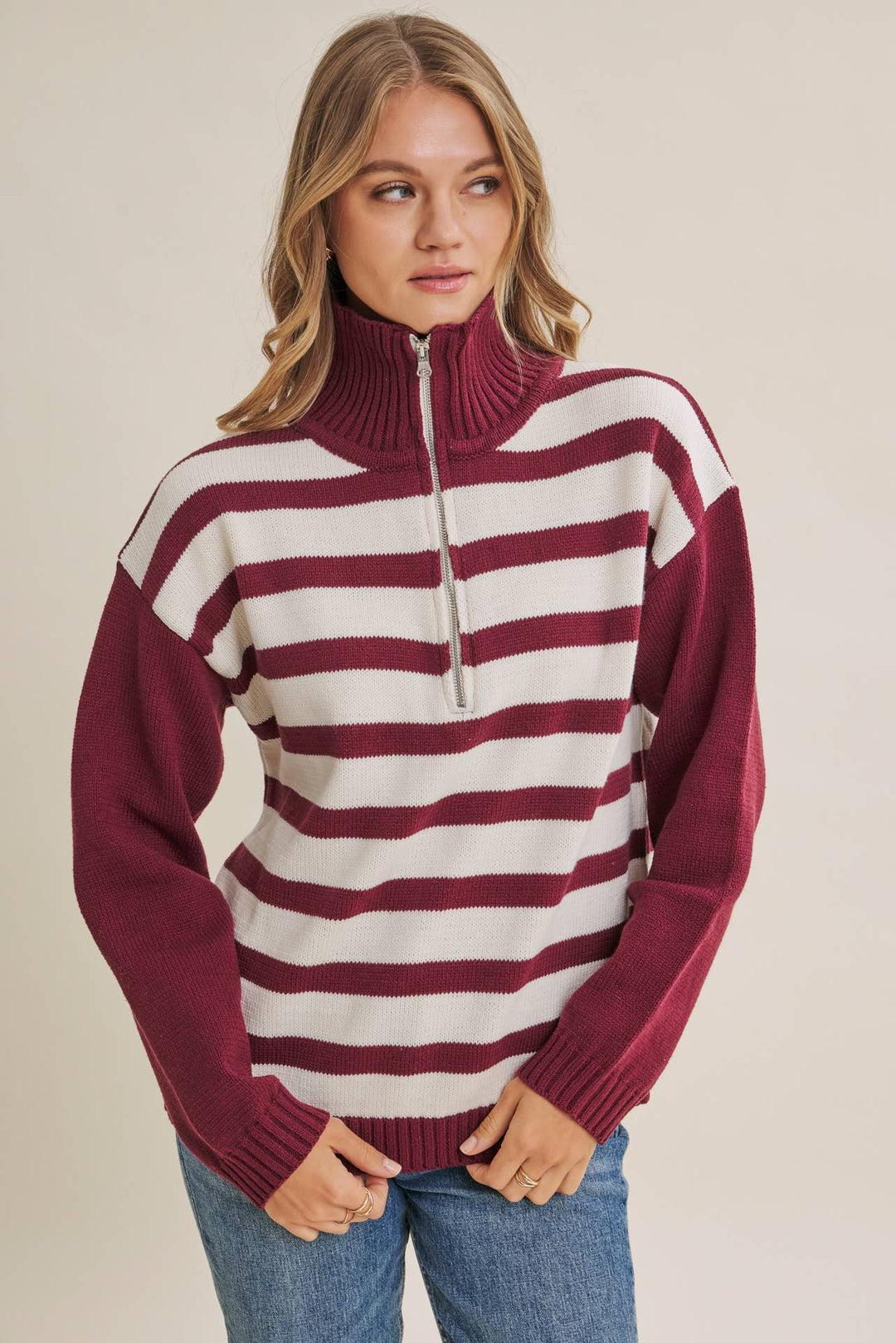 EVERGREEN DAYS CLASSIC HALF ZIP STRIPE PULLOVER SWEATER