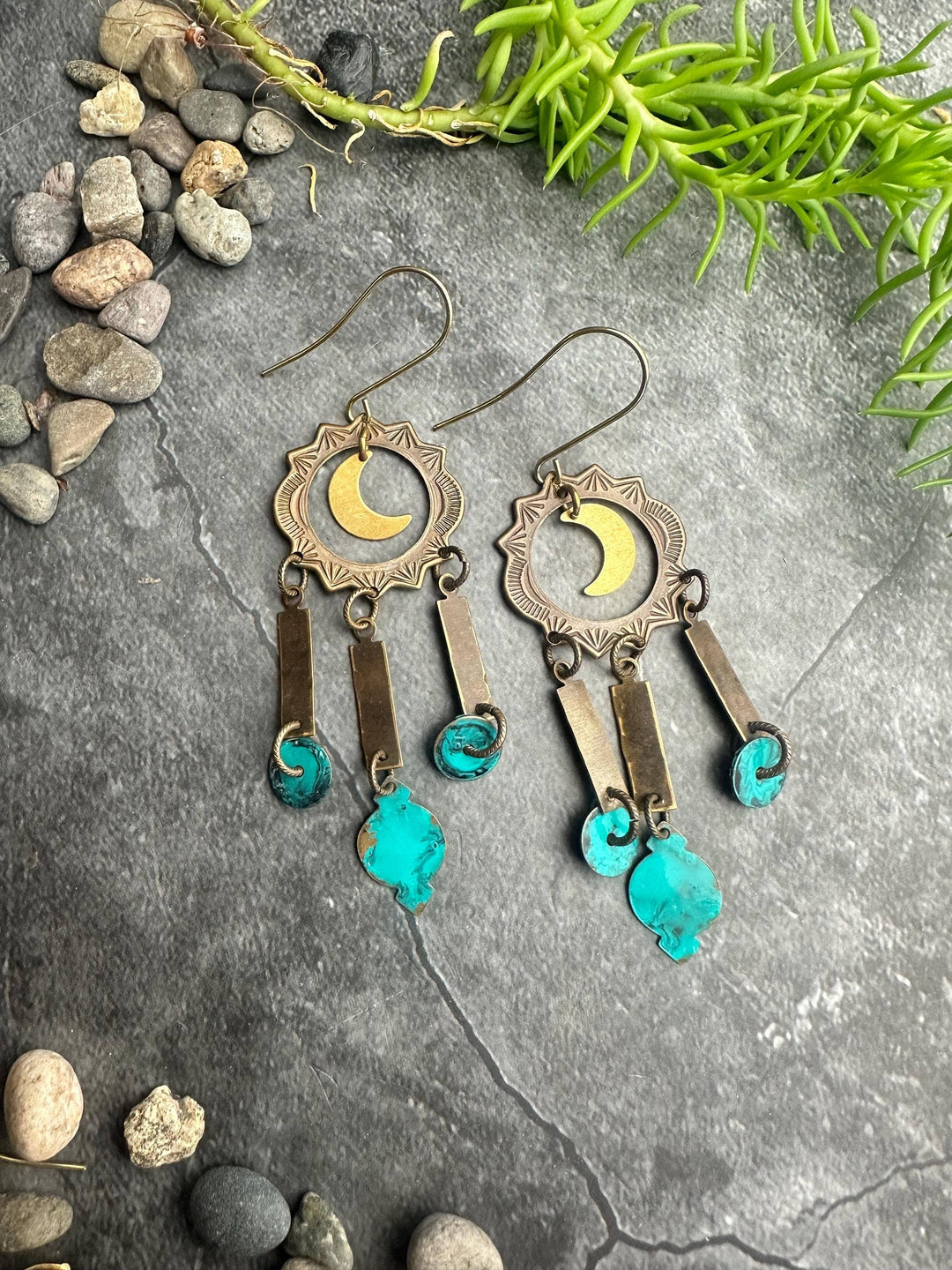 Celestial Moon Earrings Turquoise Patina Brass Chandelier Da
