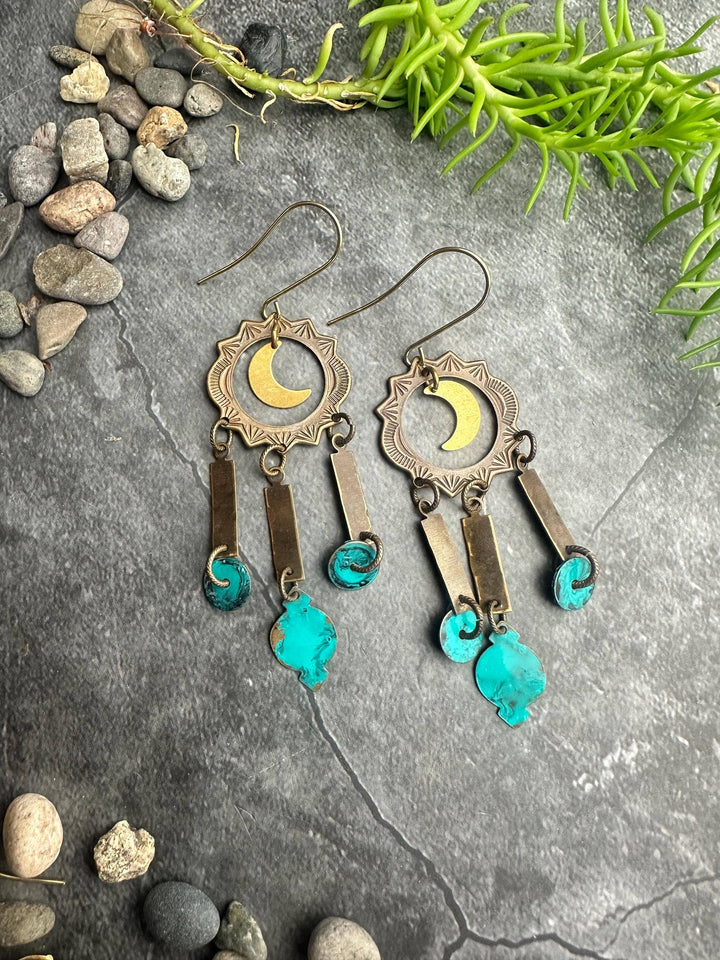 Celestial Moon Earrings Turquoise Patina Brass Chandelier Da
