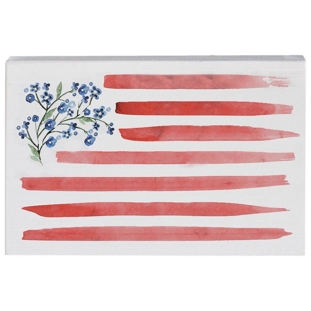 American flag with blue flowers on a white background