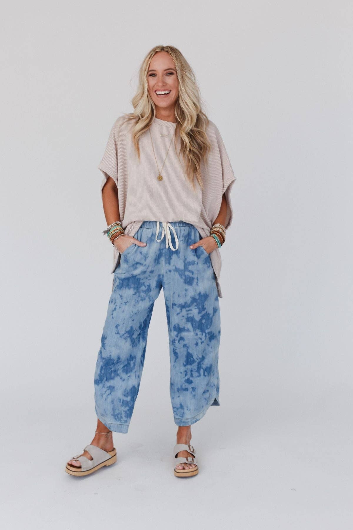 So Comfy Wide Leg Cropped Pant - Bleach Dye Denim