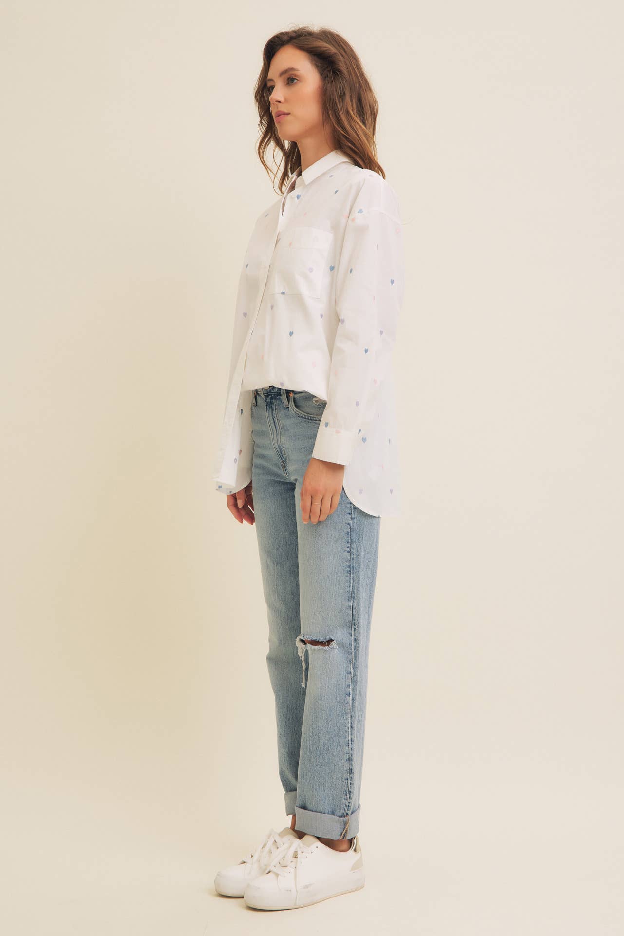 FULL OF HEARTS EMBROIDERY BUTTON DOWN LONG-SLEEVED SHIRT