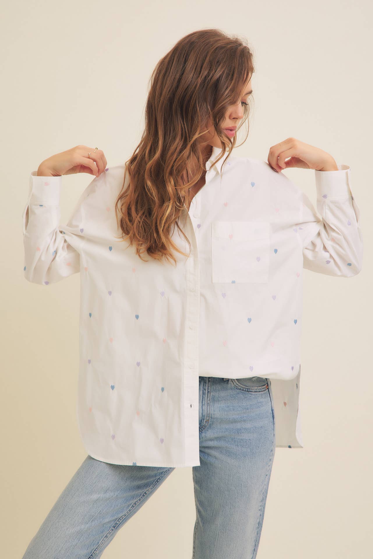 FULL OF HEARTS EMBROIDERY BUTTON DOWN LONG-SLEEVED SHIRT