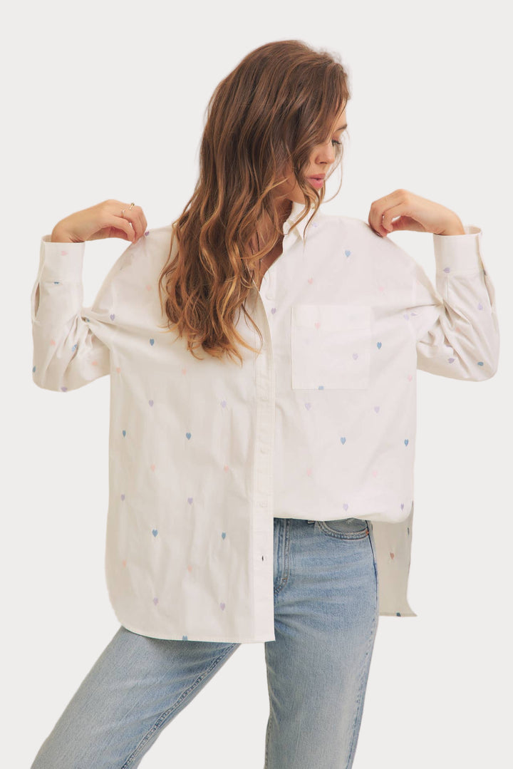 Heart Embroidered Button-Down Shirt | White with Pastel Details