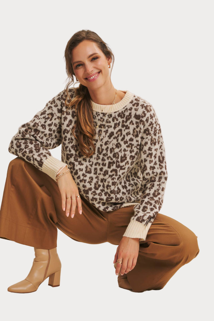 Leopard Print Crewneck Sweater | Cozy Animal Print Knit
