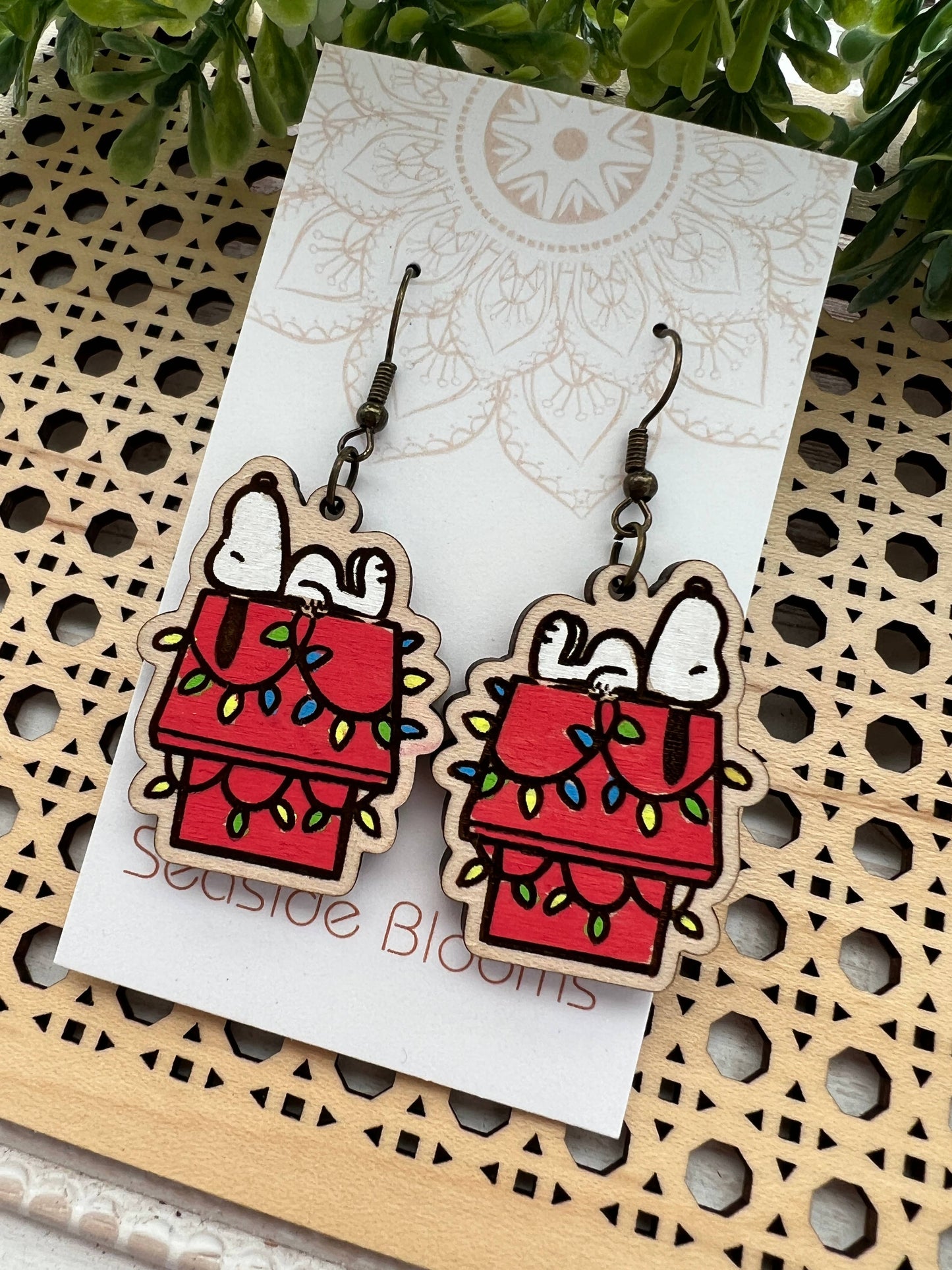 Wooden Earrings - Christmas Dog House