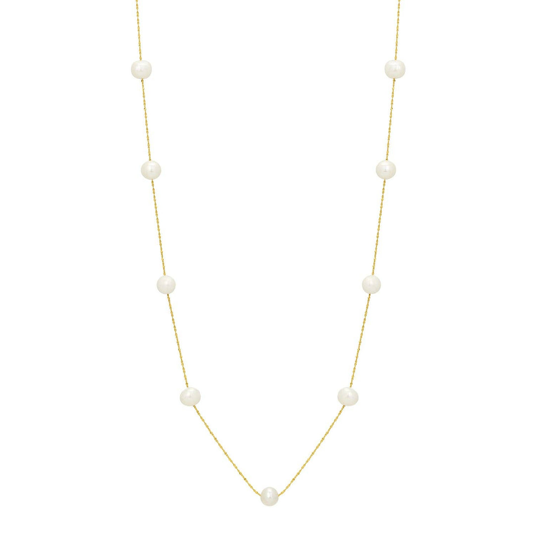 gold necklace with floating freshwater pearls on delicate chain