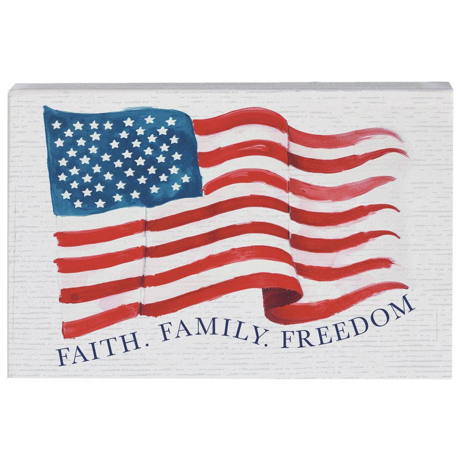 American flag with 'Faith. Family. Freedom' text on a white background
