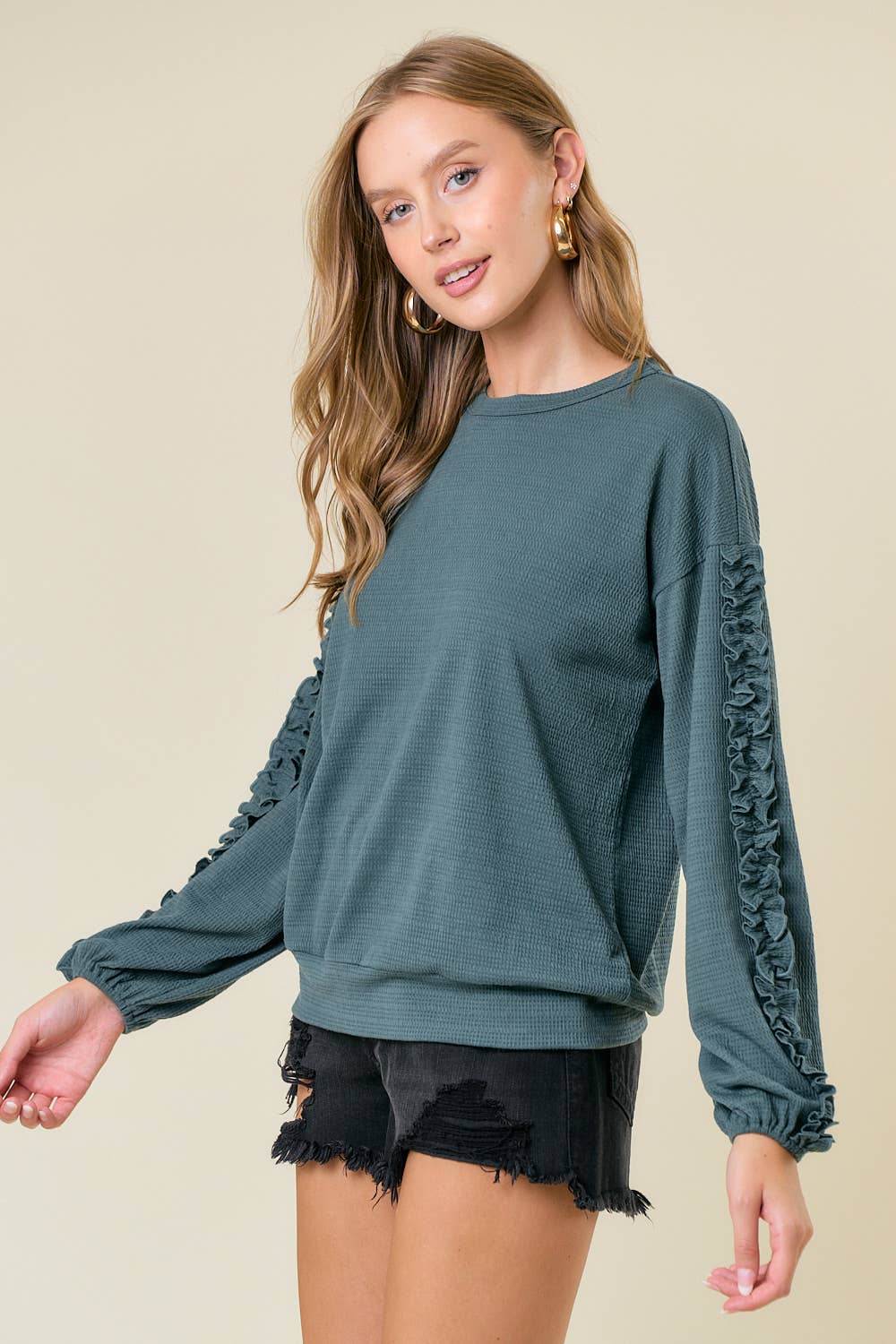 Textured Knit Round Neck Ruffled Long Sleeve Top