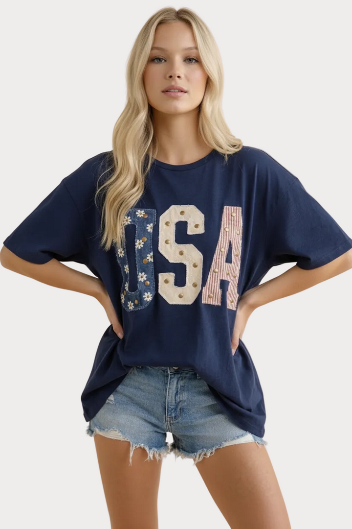 Mixed-Media Studded USA Graphic Tee