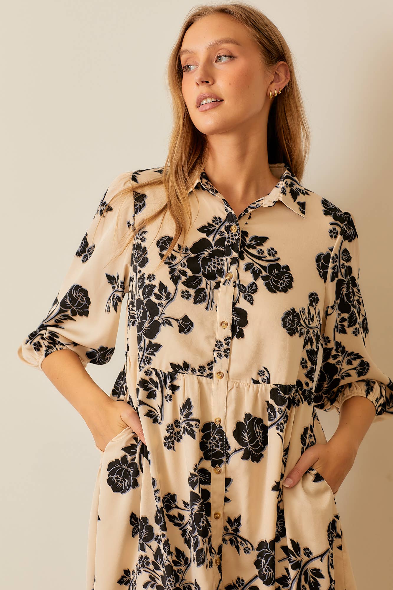 Floral Print Tiered  Button Up Midi Dress