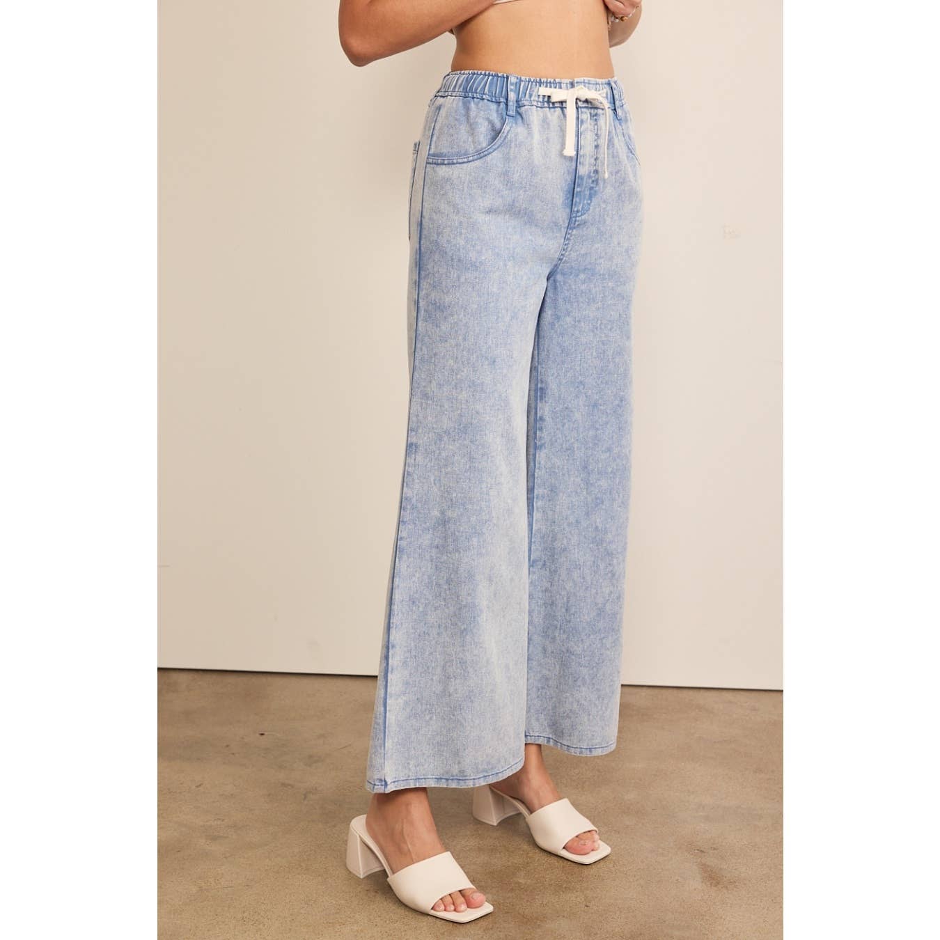 WIDE LEG DENIM PANTS WITH ELASTIC WAISTBAND