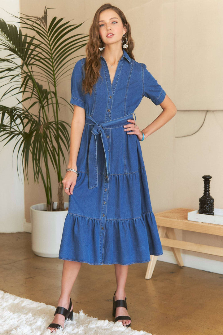 The Harper Belted Denim Midi Dress | Casual & Classic