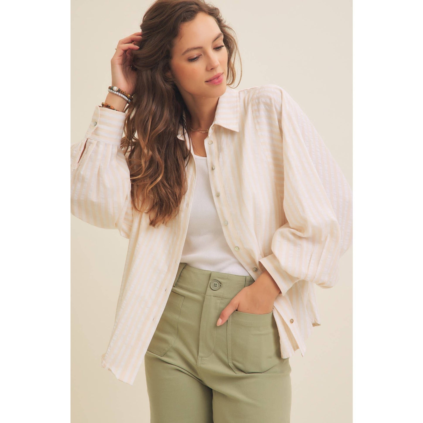 VOLUMINOUS SLEEVED BUTTON-DOWN COTTON STRIPE SHIRT