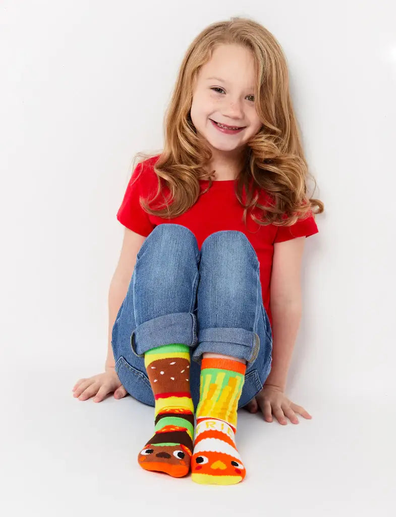 Burger & Fries - Fun Mismatched Non-Slip Socks for Kids