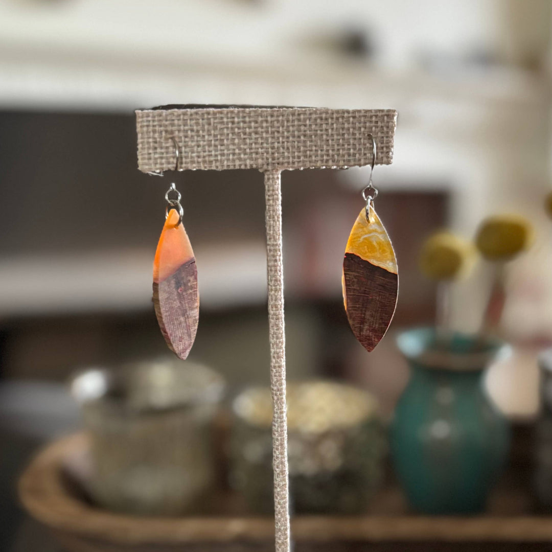 Handcrafted Copper Grove Wood & Resin Earrings featuring natural wood grain, warm copper-orange resin accents, and hypoallergenic stainless-steel hooks.
