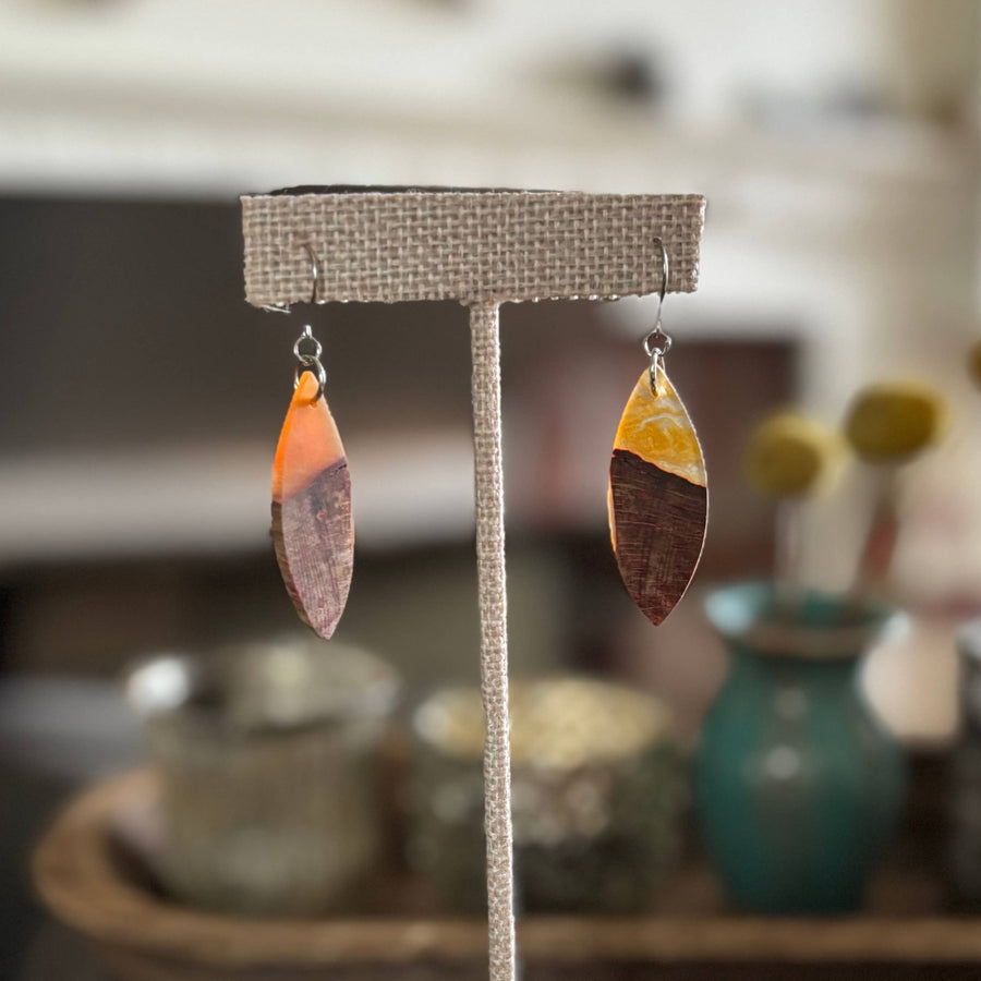 Handcrafted Copper Grove Wood & Resin Earrings featuring natural wood grain, warm copper-orange resin accents, and hypoallergenic stainless-steel hooks.