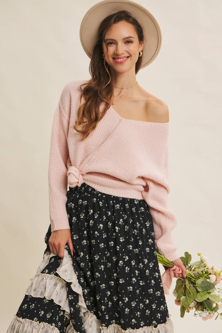 KIND TO PLANET WAFFLE SWEATER TOP WITH EXPOSED SEAM