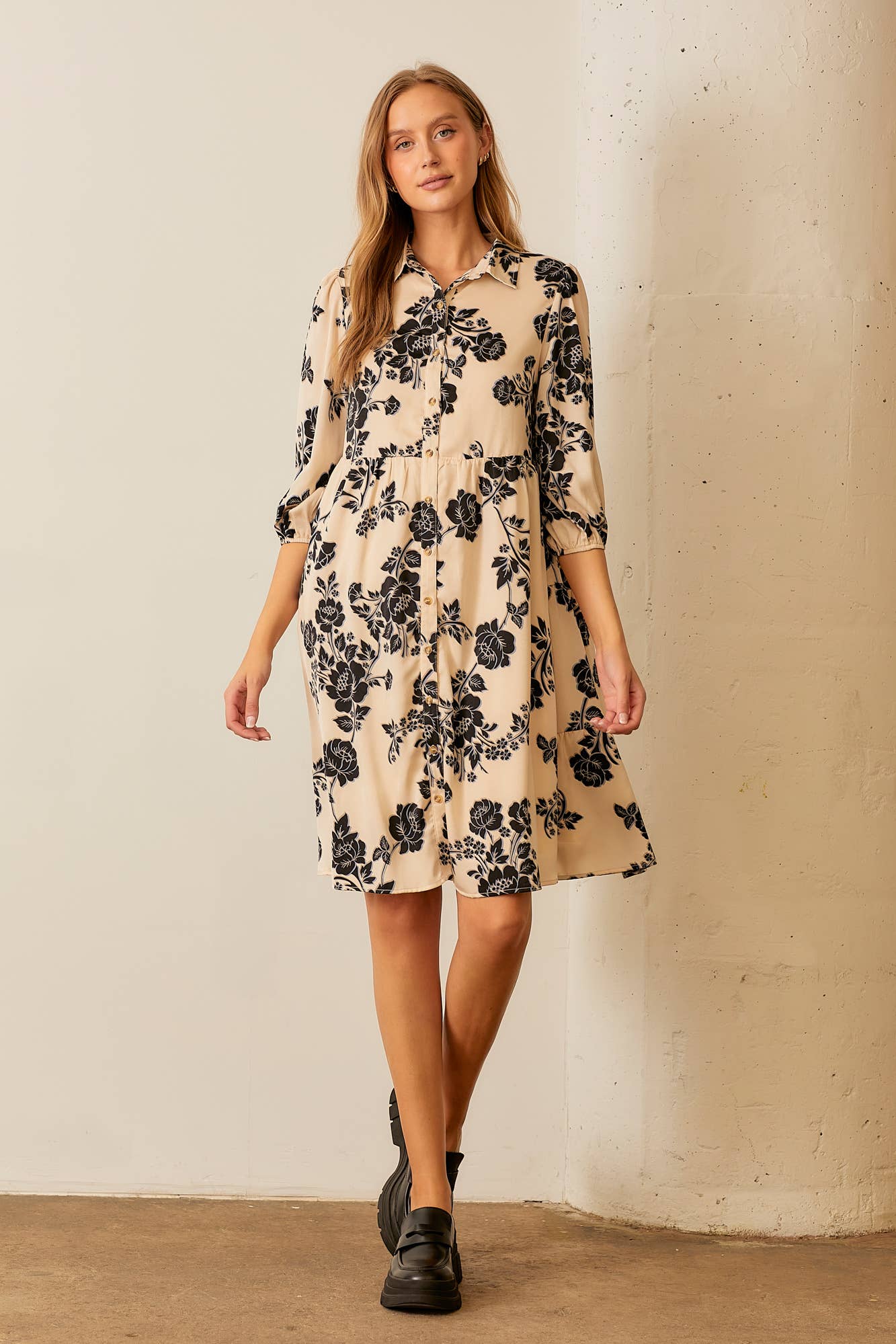 Floral Print Tiered  Button Up Midi Dress