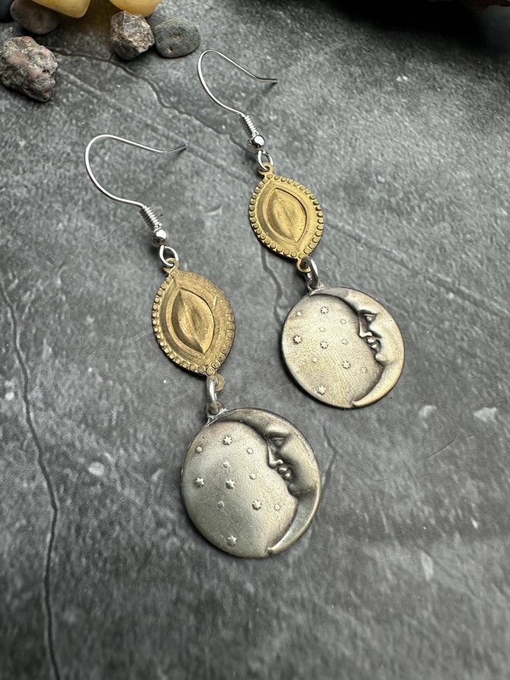 Handcrafted Man in the Moon Burnished Silver Coin Earrings