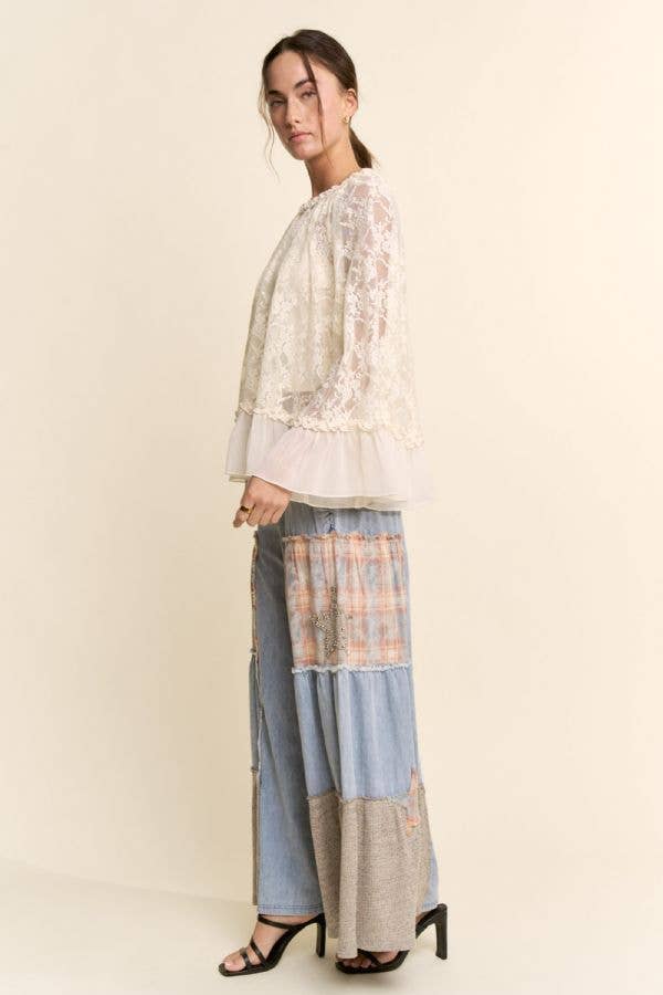 Sheer Lace Bell Sleeve Blouse