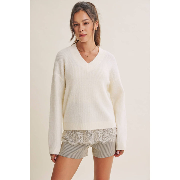 WINTER GARDEN EYELASH LACE TRIM BRUSHED SWEATER TOP