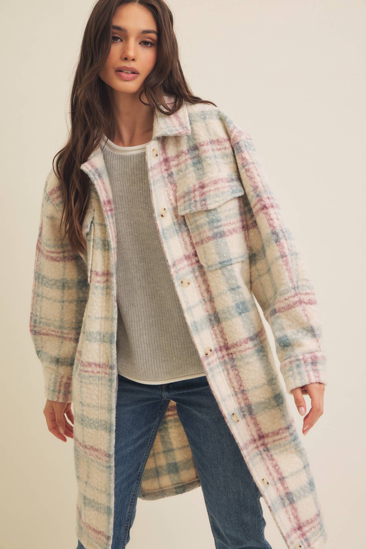 WESTERN PLAID BOUCLE OVERSIZED SHACKET WITH POCKETS