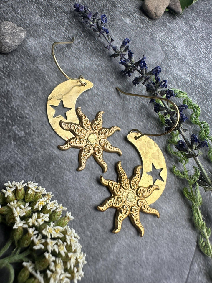 Hand Hammered Brass Sun Moon Earrings, Celestial Art Nouveau